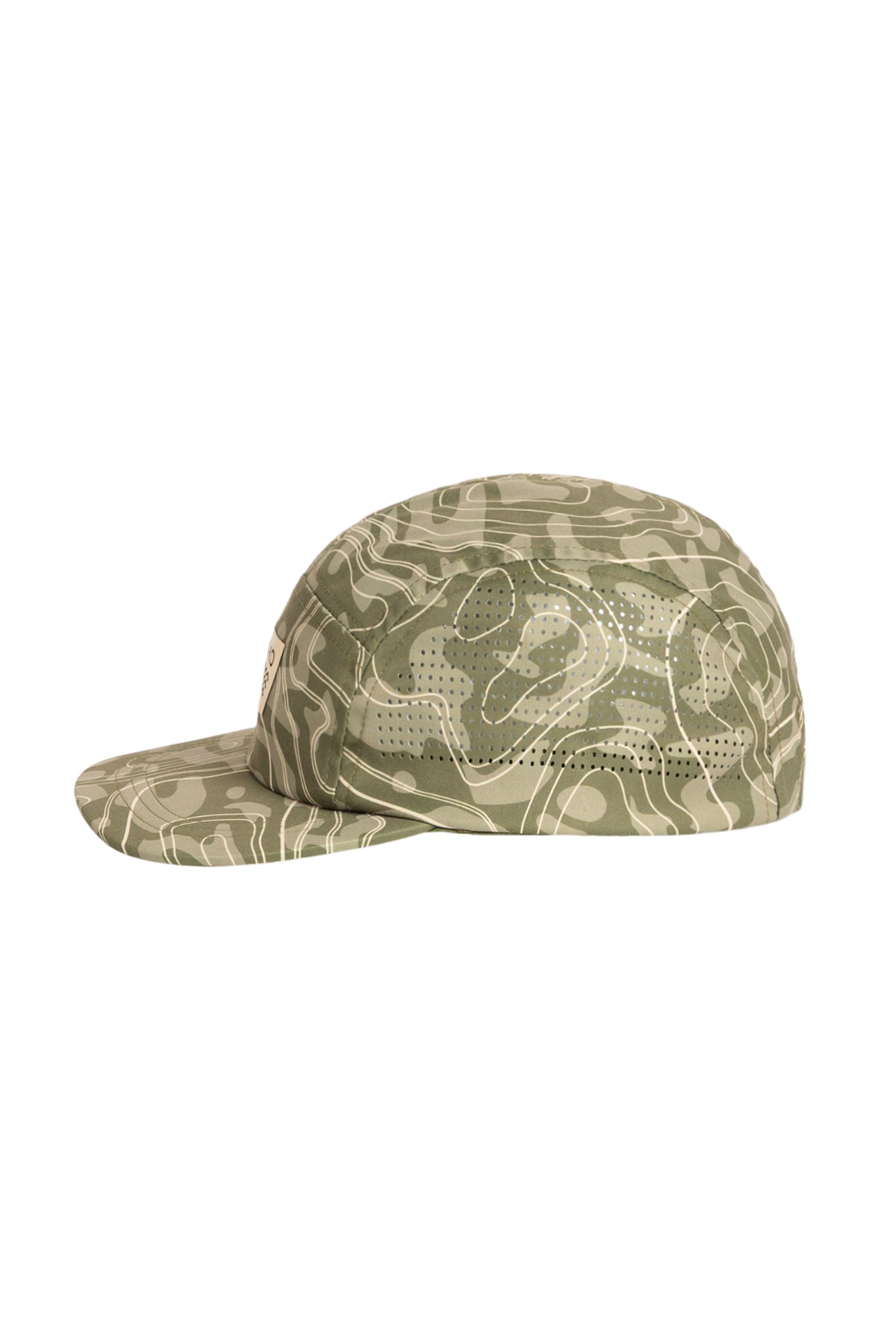 Green camouflage-patterned cap with a flat brim, shown in a side profile on a white background.