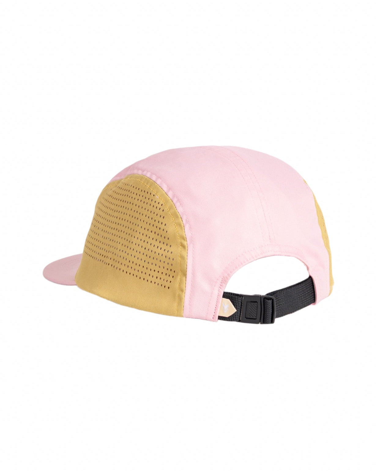 A pink and tan cap with a black adjustable strap and mesh side panels, viewed from the back.