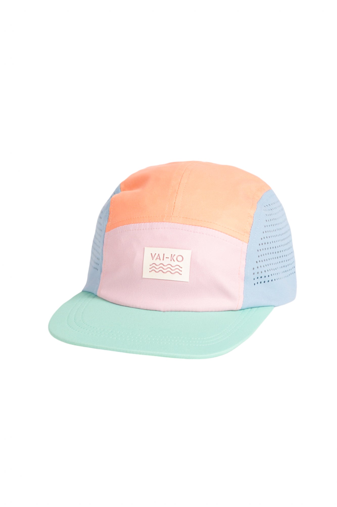 A pastel color-block cap with a mint brim, pink and orange panels, and a VAI-KO patch on the front.