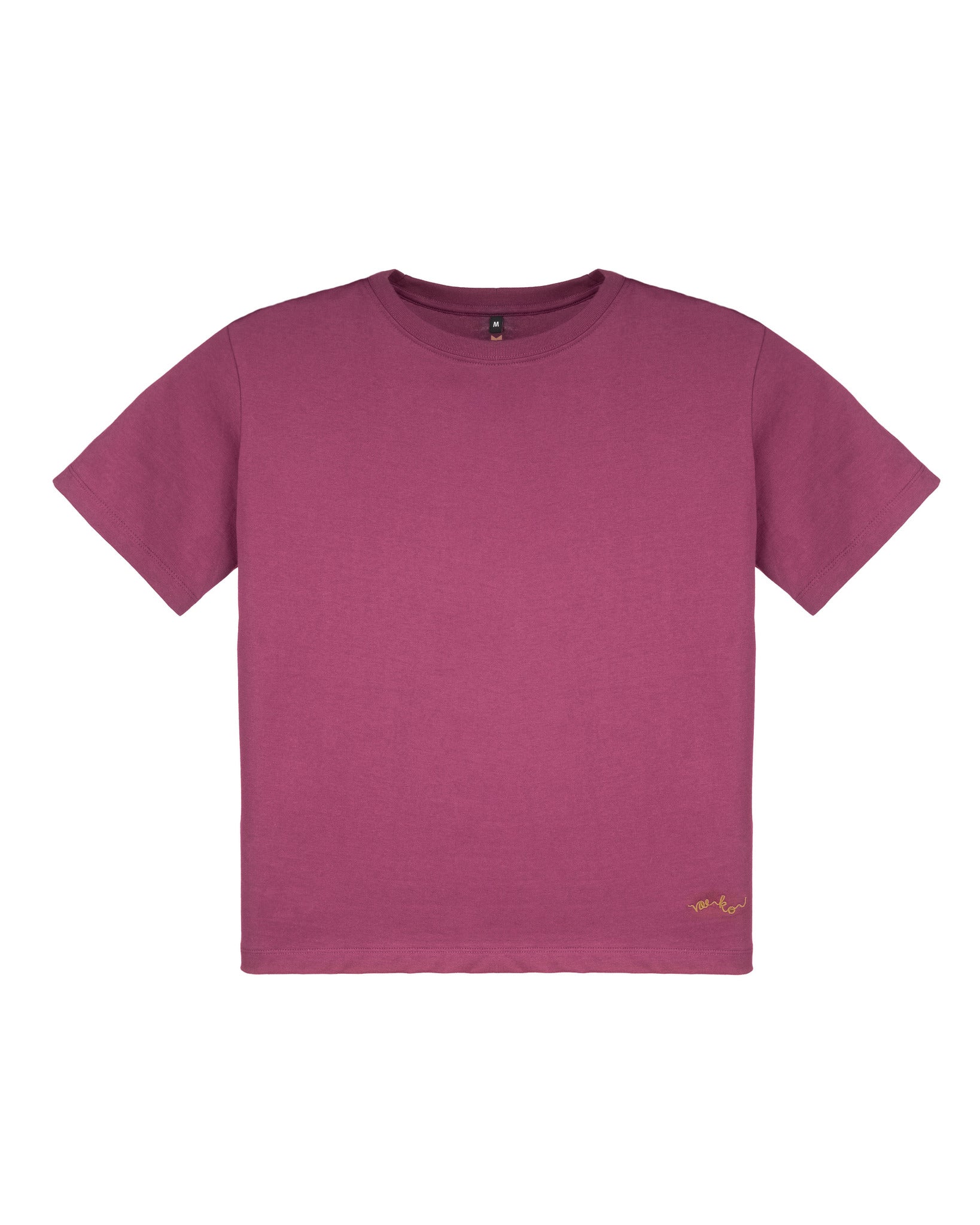 Plain short-sleeve purple T-shirt with a small yellow logo on the lower left side.