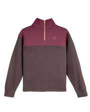 Color-blocked pullover with maroon top, brown bottom, half-zip, long sleeves, and small chest logo.