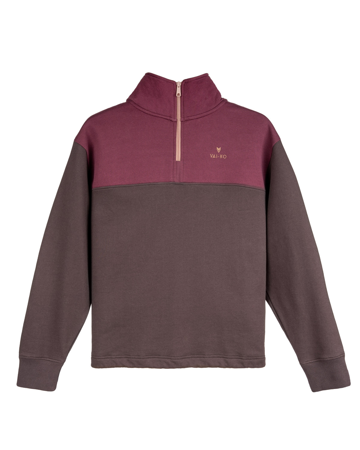 Color-blocked pullover with maroon top, brown bottom, half-zip, long sleeves, and small chest logo.