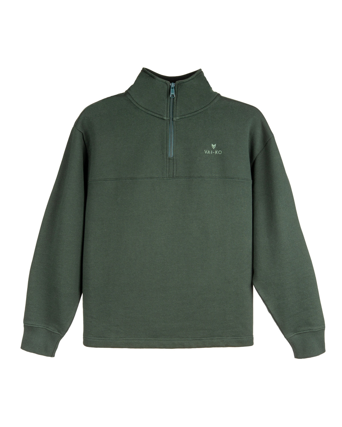 Dark green quarter-zip pullover with a high collar and subtle logo on the left chest.