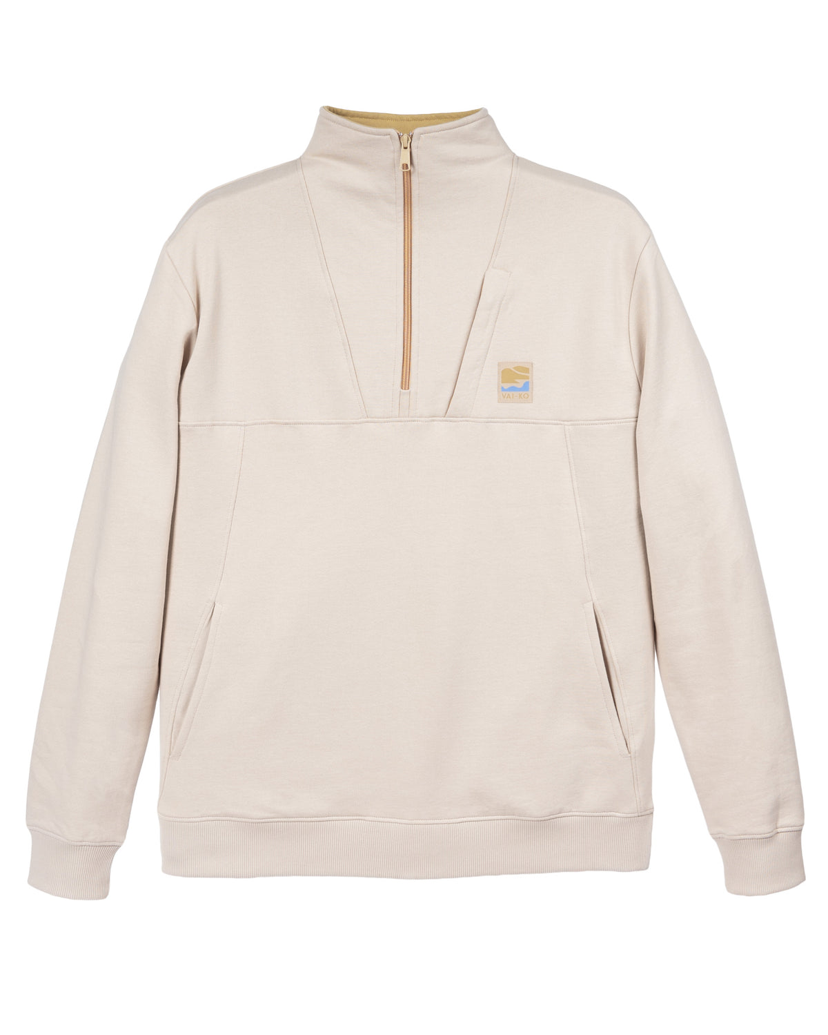 Beige quarter-zip sweatshirt with a small chest logo patch and two slant pockets, laid flat on white background.