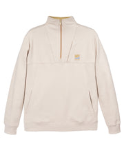 Beige quarter-zip sweatshirt with a small chest logo patch and two slant pockets, laid flat on white background.