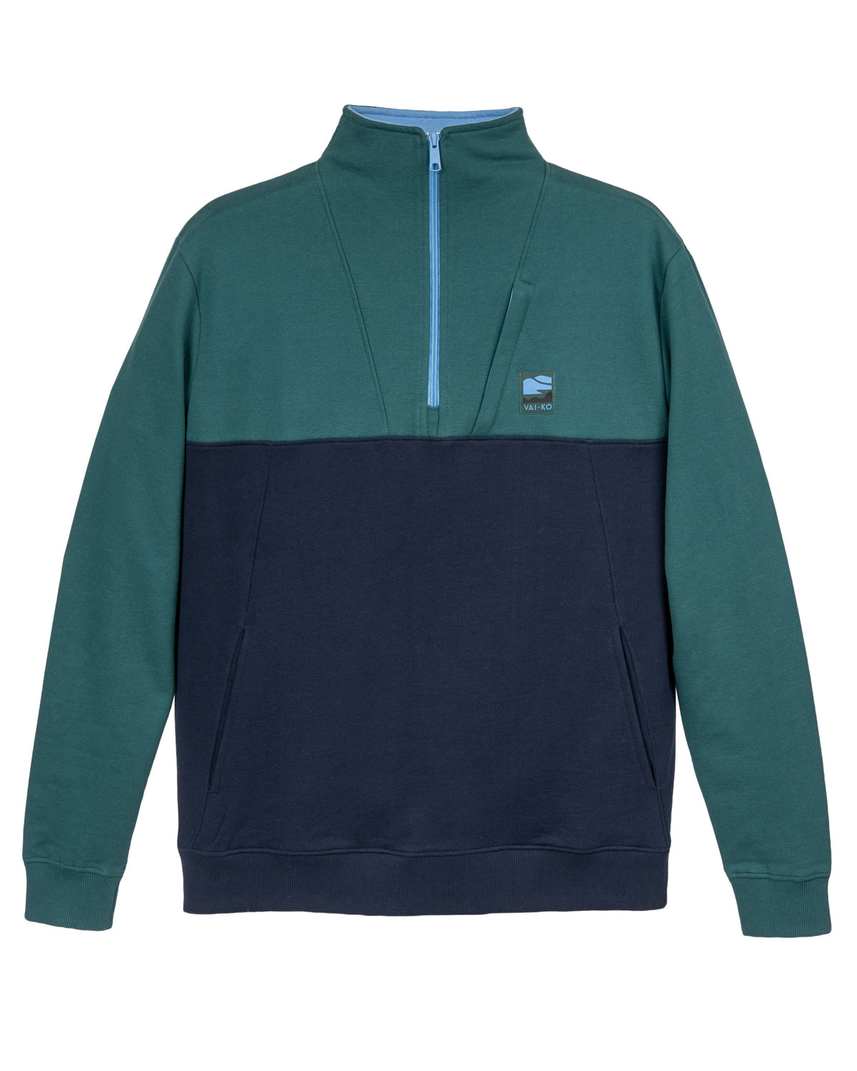 Green and navy blue quarter-zip pullover with front pockets and a small logo on the left chest.