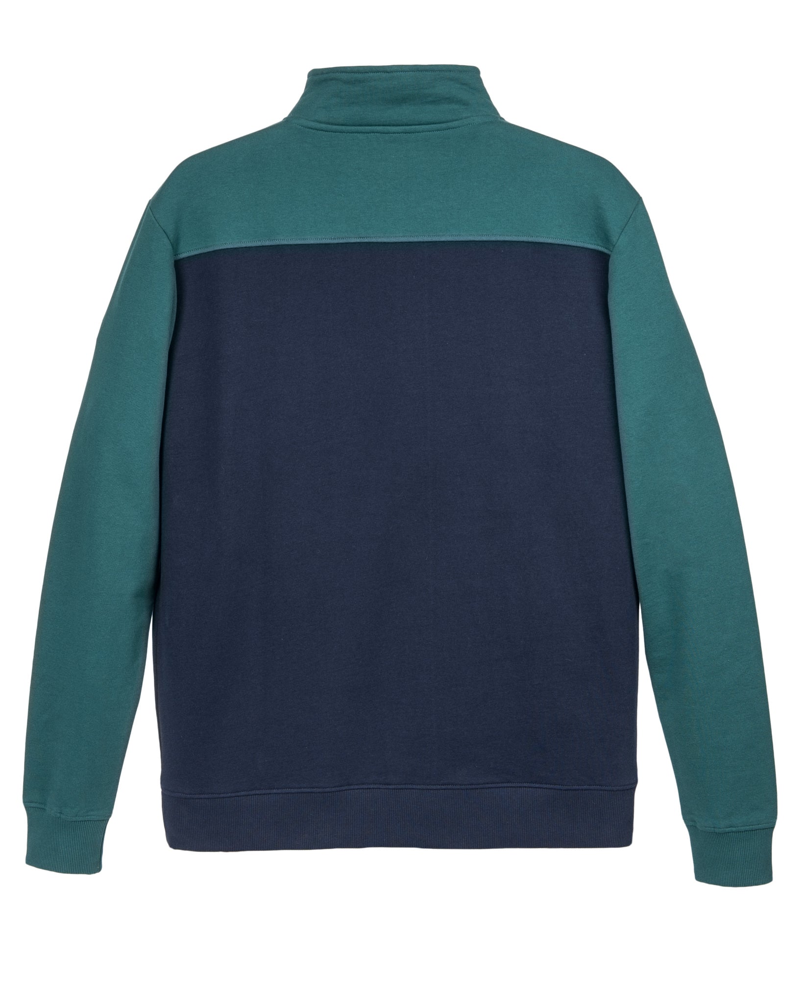 A colorblock jacket with teal sleeves and top, and a navy blue back and bottom, shown from the back.