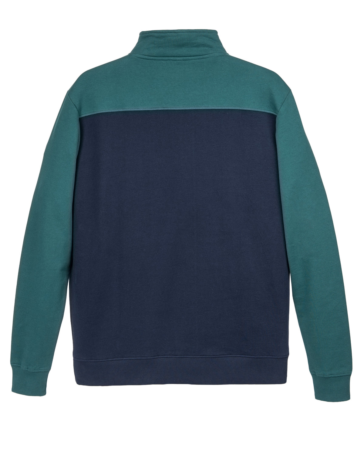 A colorblock jacket with teal sleeves and top, and a navy blue back and bottom, shown from the back.