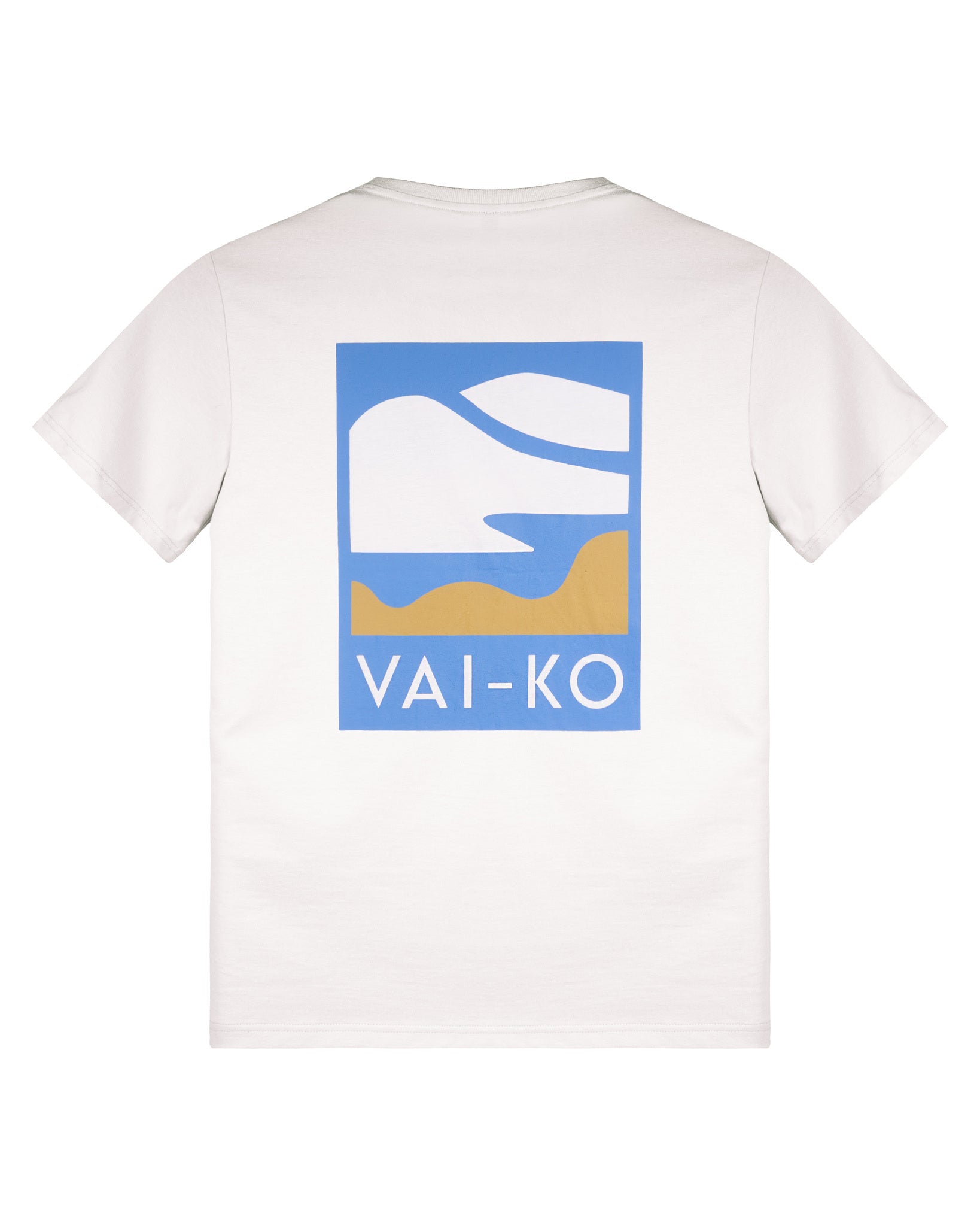 White t-shirt with a blue, white, and gold abstract design and the text VAI-KO on the back.
