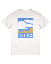 White t-shirt with a blue, white, and gold abstract design and the text VAI-KO on the back.