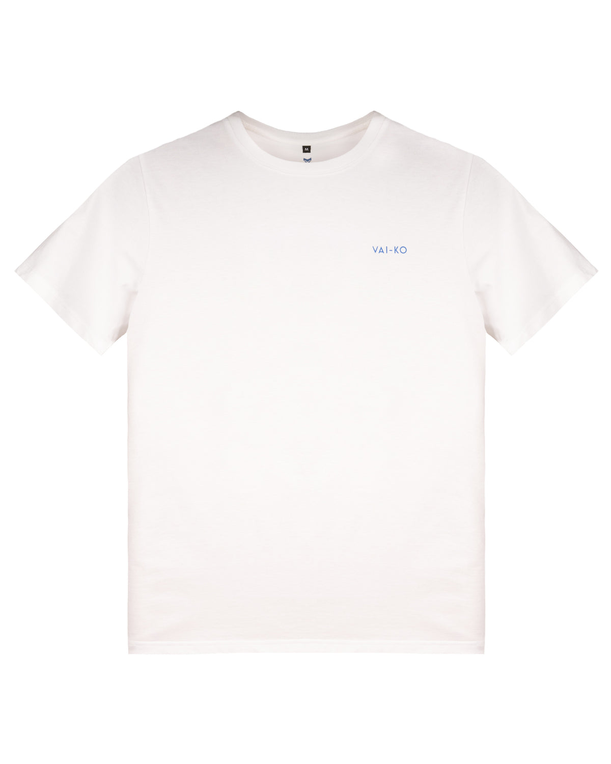 Plain white T-shirt with short sleeves and a small blue VAI-KO logo on the left chest.