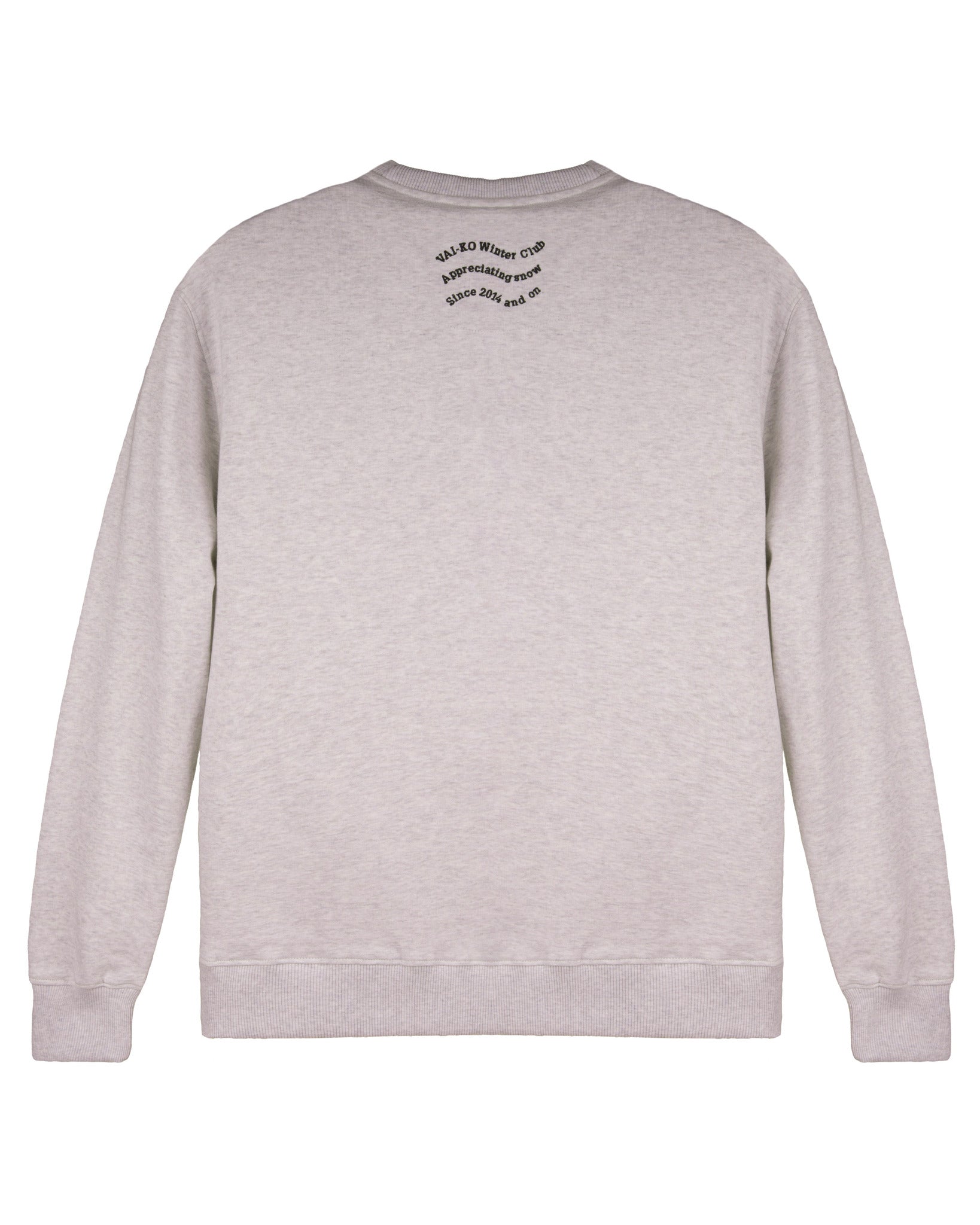Light gray sweatshirt shown from the back with small black text near the neckline.