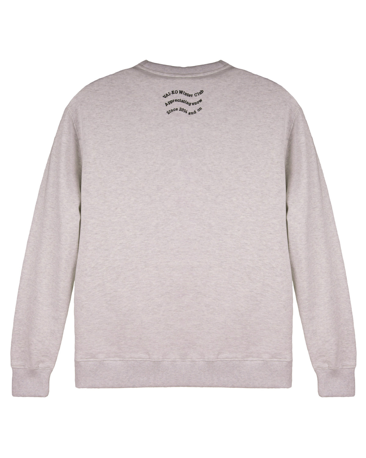 Light gray sweatshirt shown from the back with small black text near the neckline.