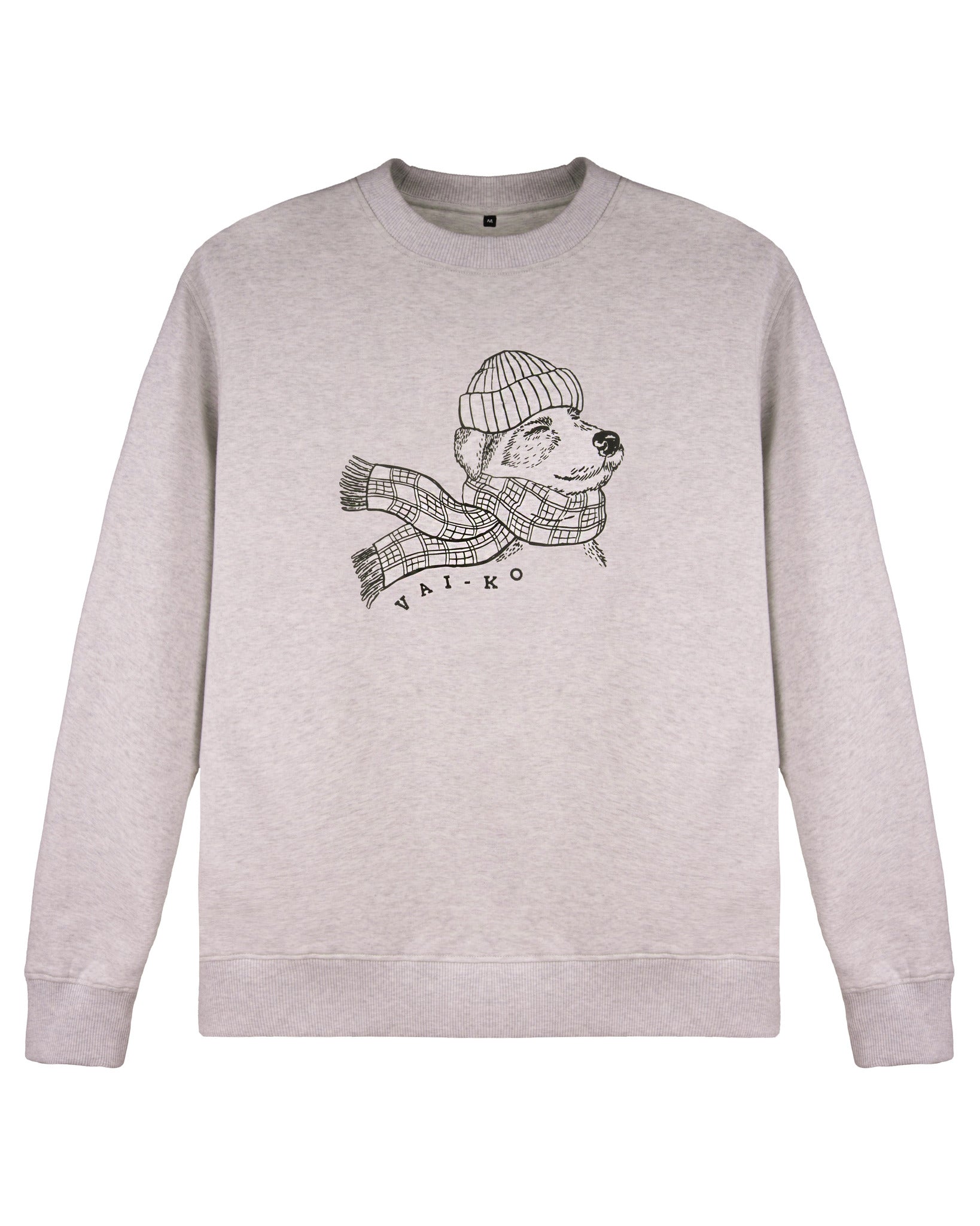 Light gray sweatshirt with a line drawing of a bear in a hat and scarf, and the text VAI-KO below.