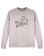 Light gray sweatshirt with a line drawing of a bear in a hat and scarf, and the text VAI-KO below.