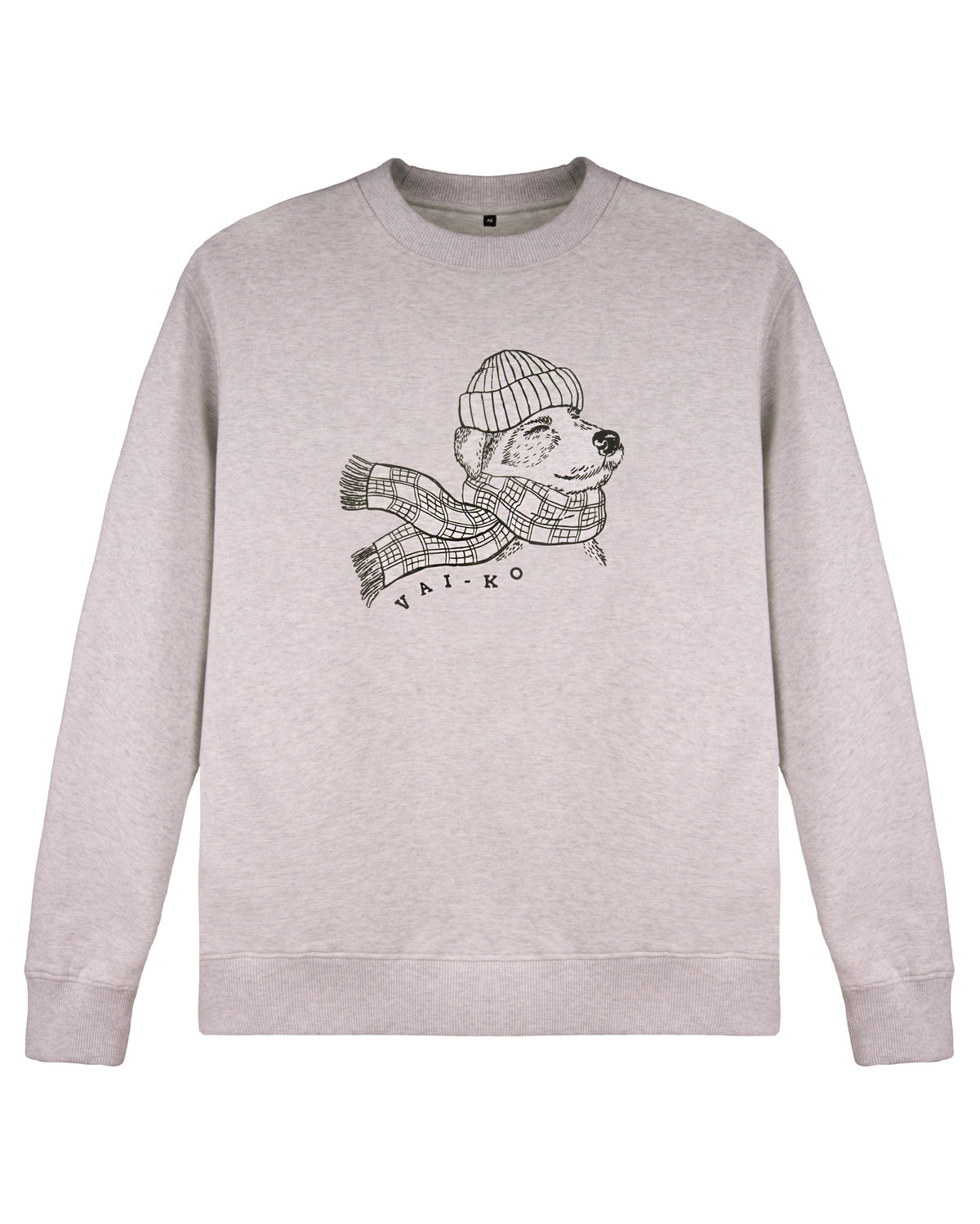 Light gray sweatshirt with a line drawing of a bear in a hat and scarf, and the text VAI-KO below.