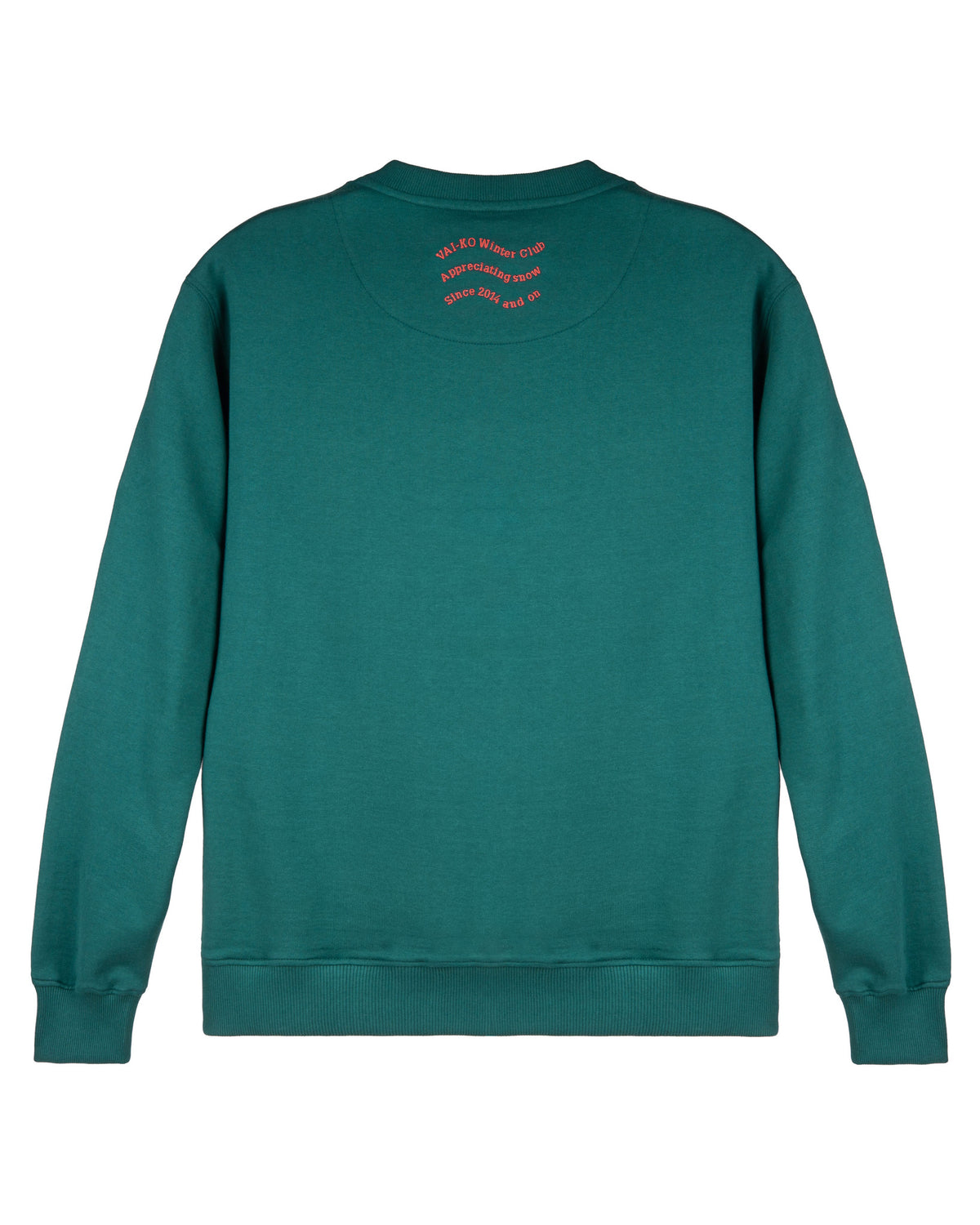 Green sweatshirt shown from the back with small red text near the neckline.