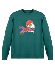 Green sweatshirt with a drawing of a dog wearing a red hat and colorful scarf on the front.