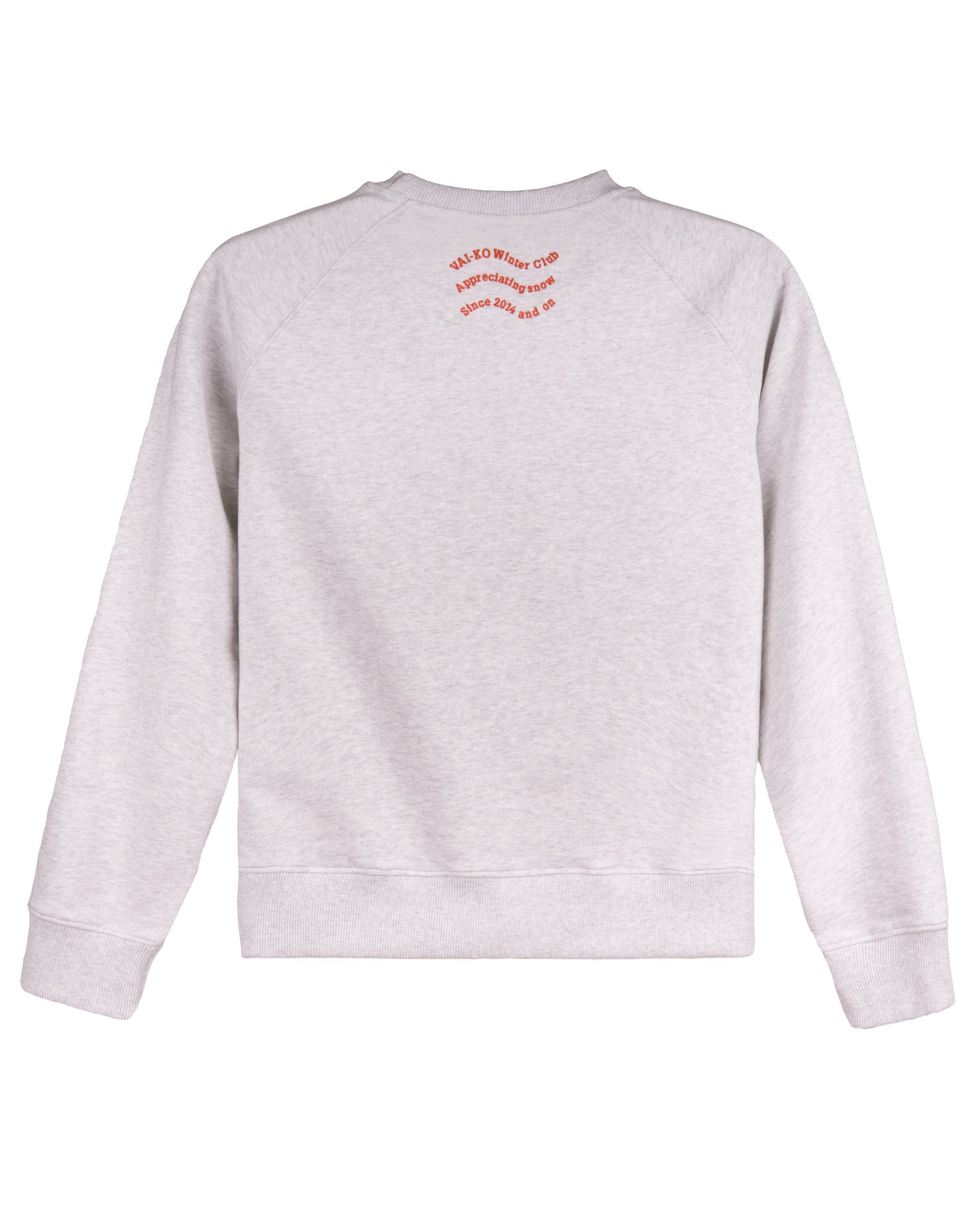 Light gray sweatshirt with small red text on the upper back near the neckline, viewed from the back.