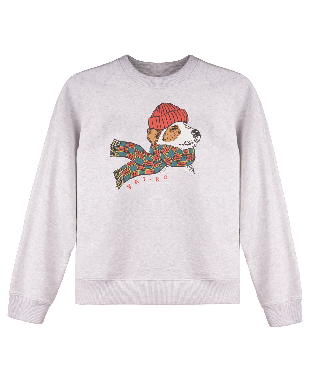 Light grey sweatshirt with a dog wearing a red hat and scarf printed on the front.