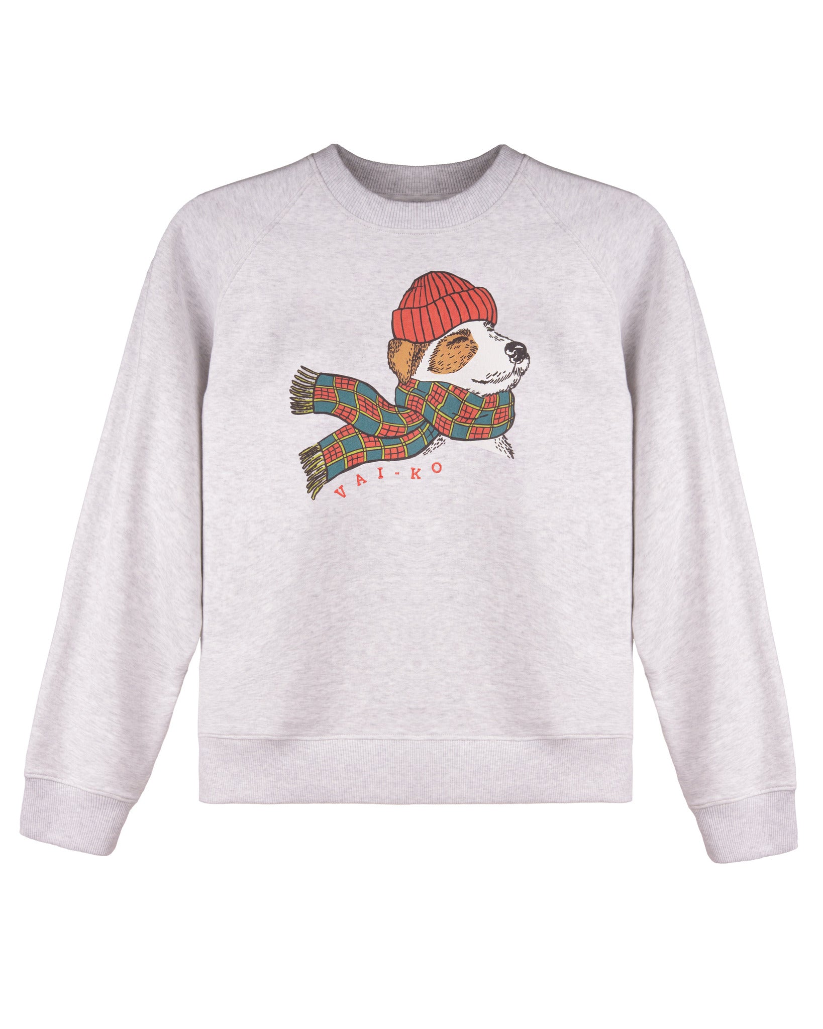 Light grey sweatshirt with a dog wearing a red hat and scarf printed on the front.