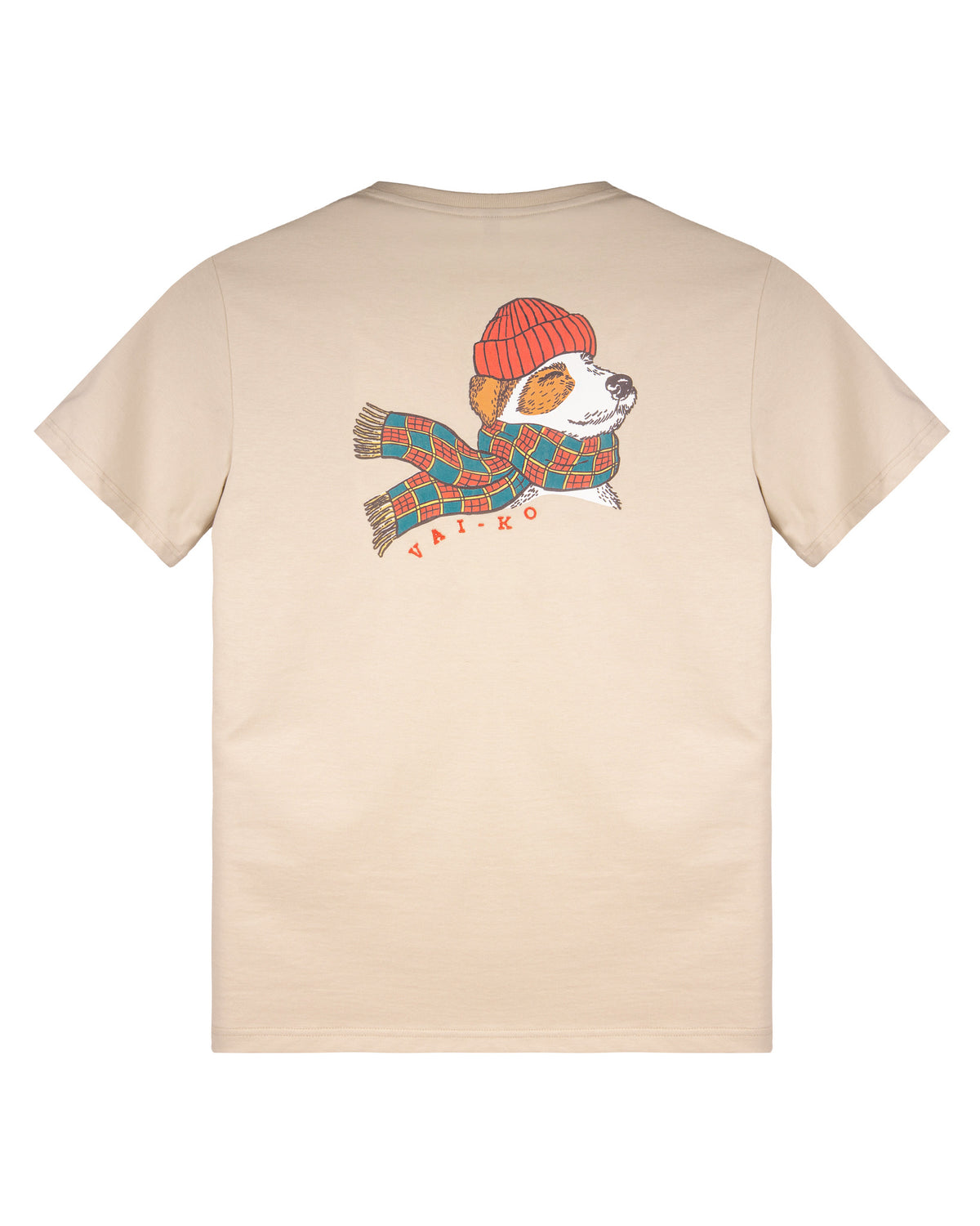 Beige t-shirt with an illustration of a dog wearing a red hat and scarf, with VAI-KO text below.