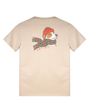 Beige t-shirt with an illustration of a dog wearing a red hat and scarf, with VAI-KO text below.