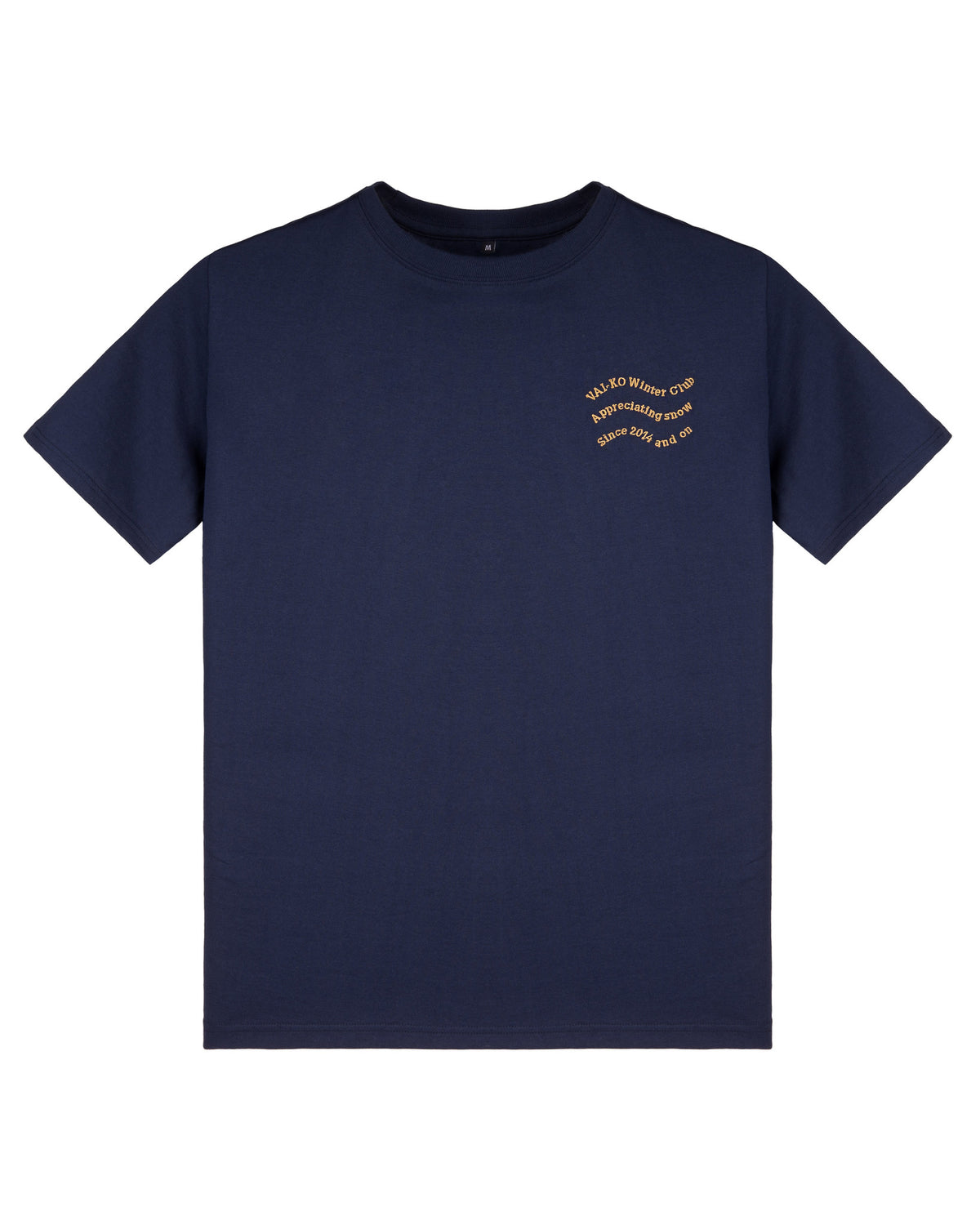 Navy blue t-shirt with small yellow text on the left chest area.