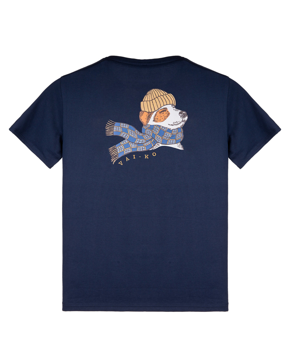 Navy blue t-shirt with a dog wearing a yellow beanie and blue scarf illustrated on the back.
