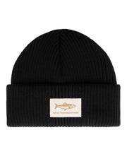 A black ribbed knit beanie with a fish patch and VAI-KO FISHERMAN STORIES text on the front fold.