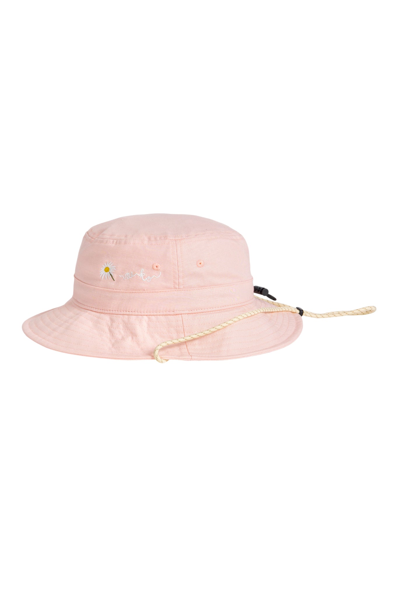Light pink bucket hat with chin strap and small sun and wave embroidery on the front.