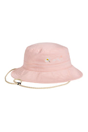 Light pink bucket hat with a chin strap, embroidered daisy, and the word smile on the front.