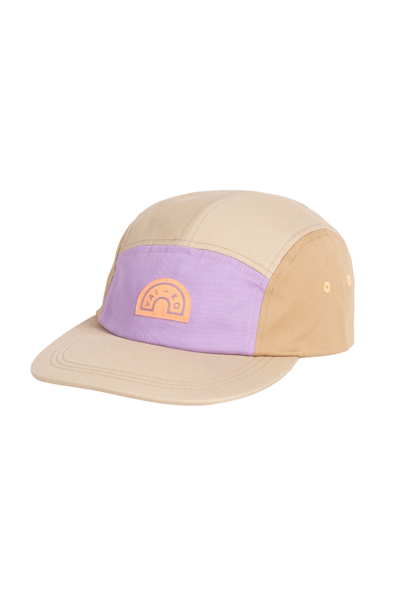 A beige and lavender baseball cap with a small orange logo on the front panel.
