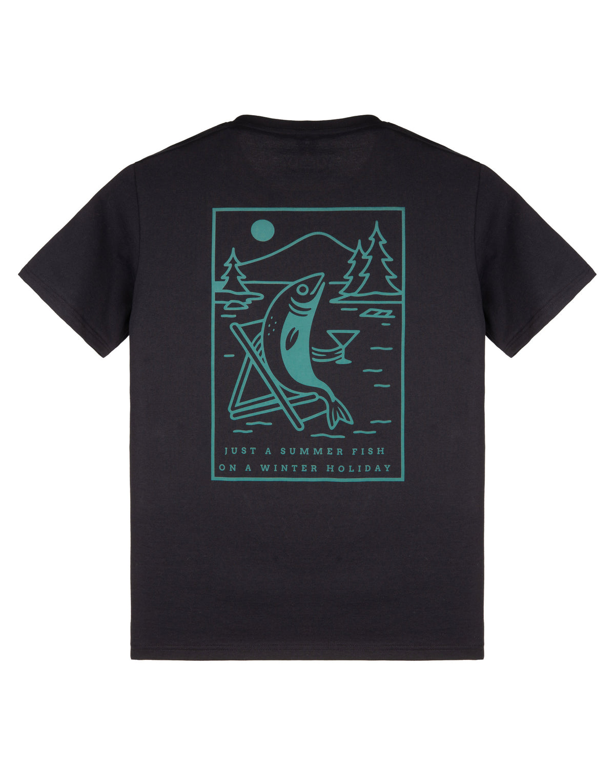 Black t-shirt with a turquoise graphic of a fish skiing, mountains, trees, and text below the image.