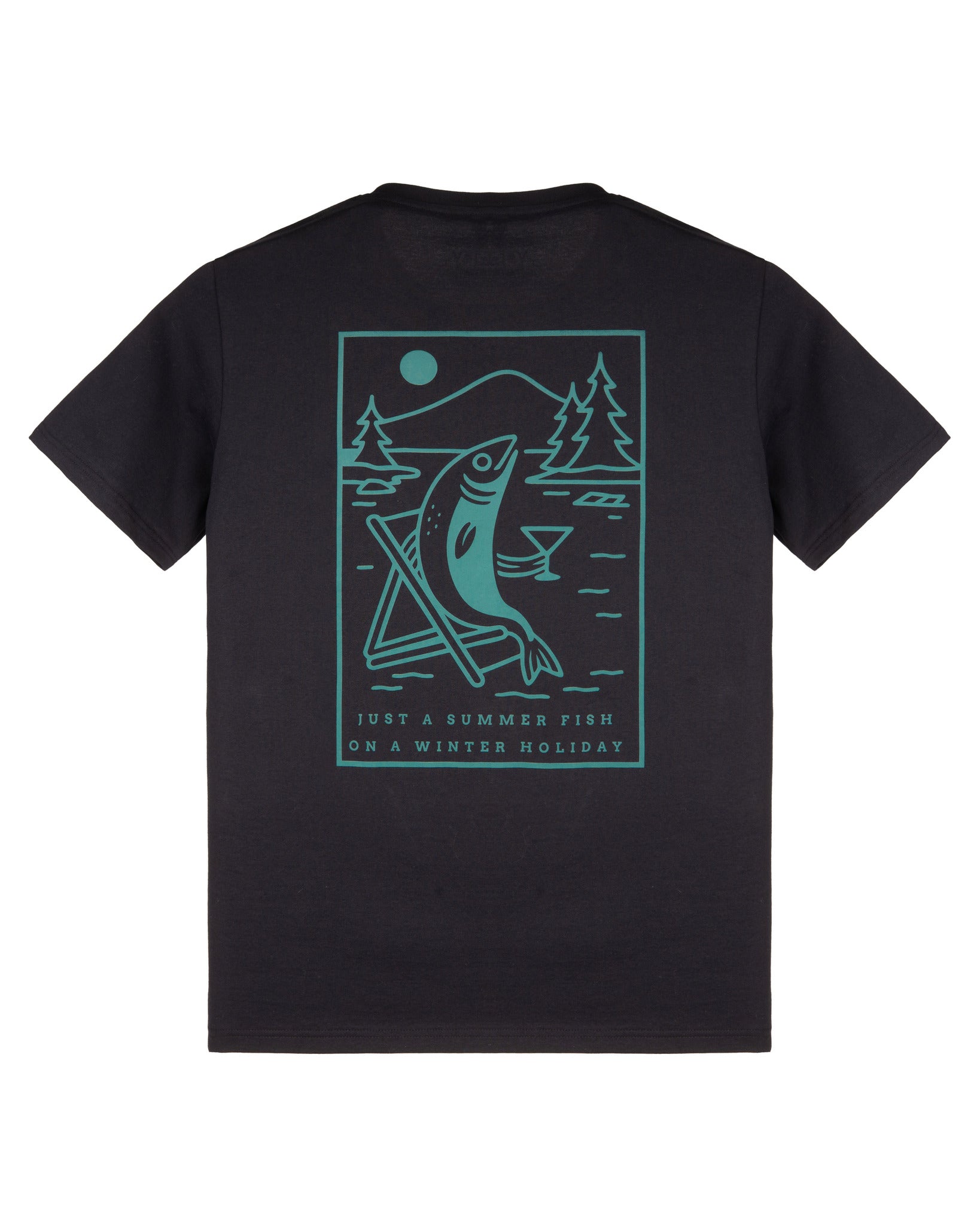 Black t-shirt with a turquoise graphic of a fish skiing, mountains, trees, and text below the image.