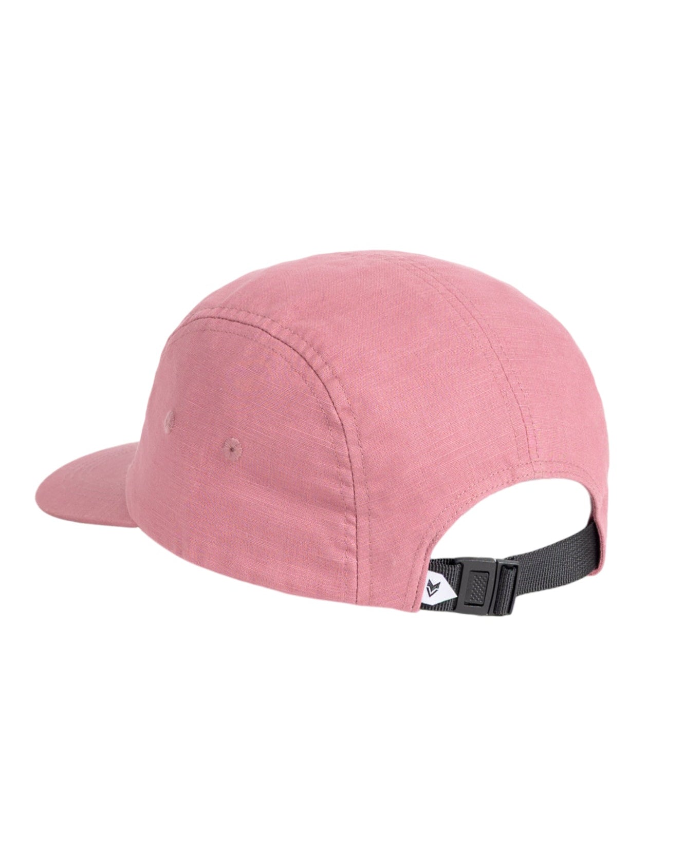 A pink baseball cap viewed from the back, featuring an adjustable black strap and a small white tag.