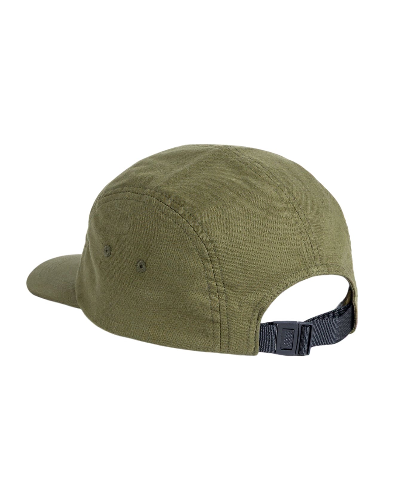 Olive green baseball cap with a black adjustable strap at the back, shown from a rear angle.