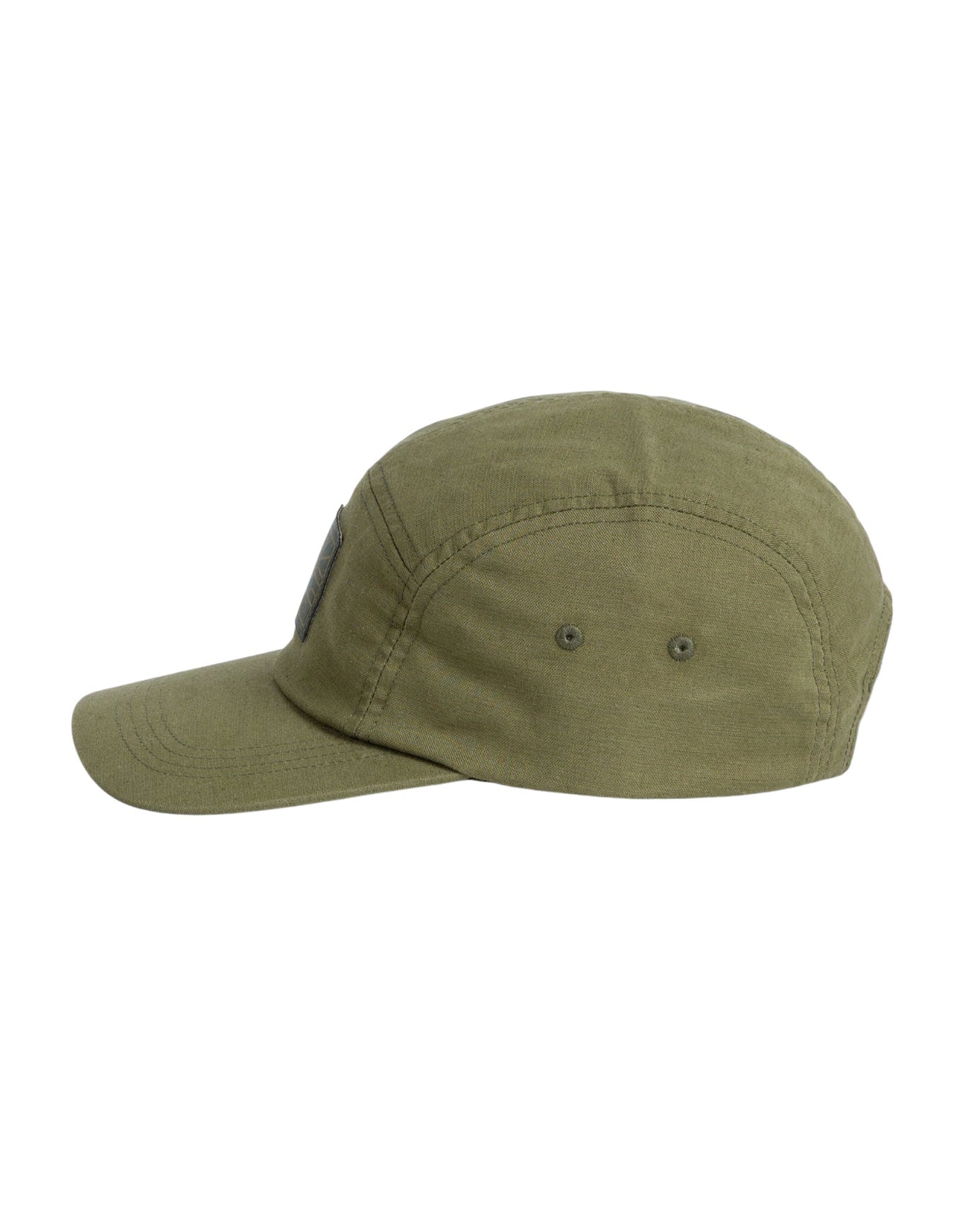 Olive green baseball cap with a curved brim, viewed from the side on a white background.