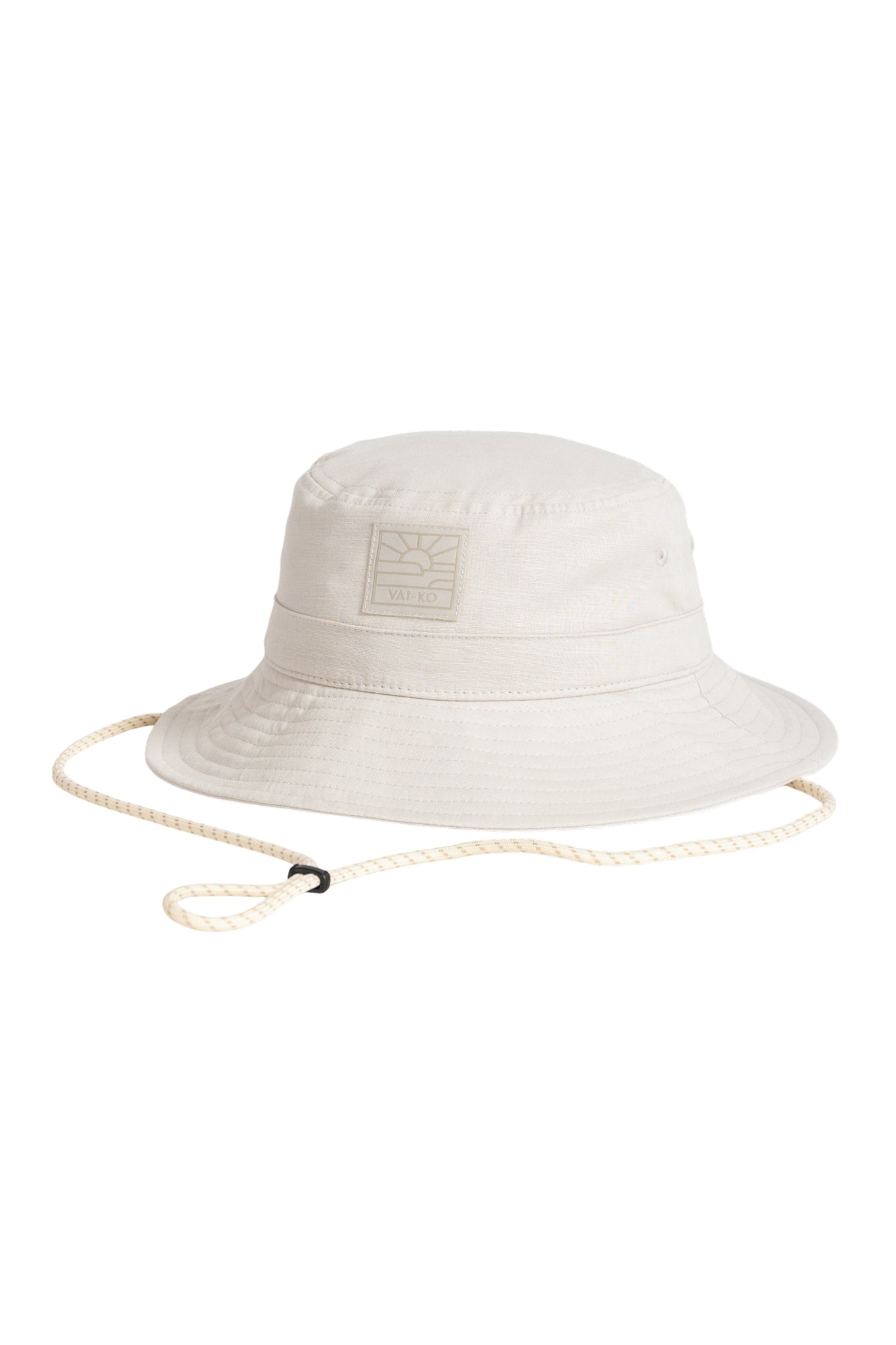 Beige bucket hat with a chin strap and a small square logo on the front.