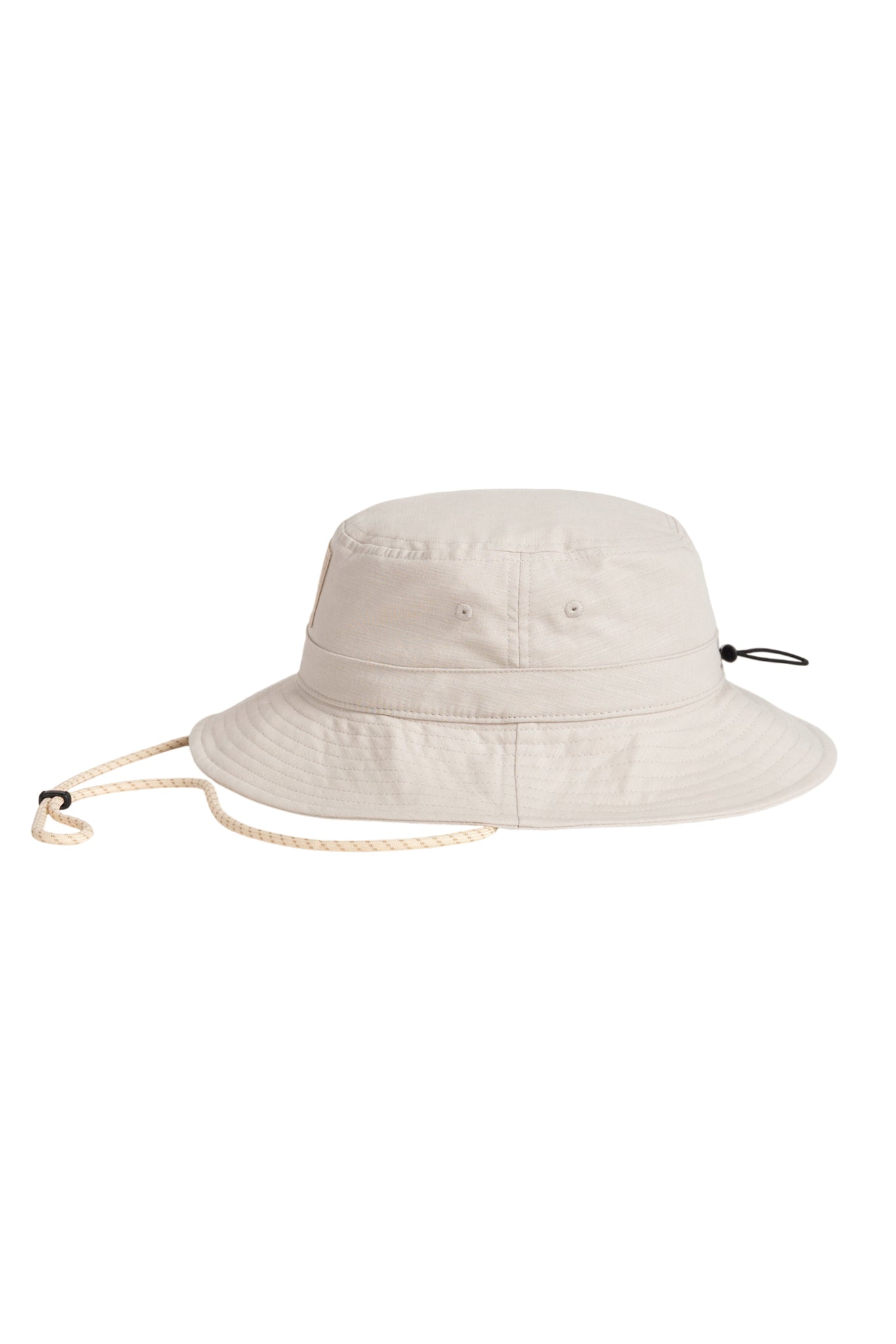 Beige bucket hat with chin strap and adjustable toggle, shown on a white background.