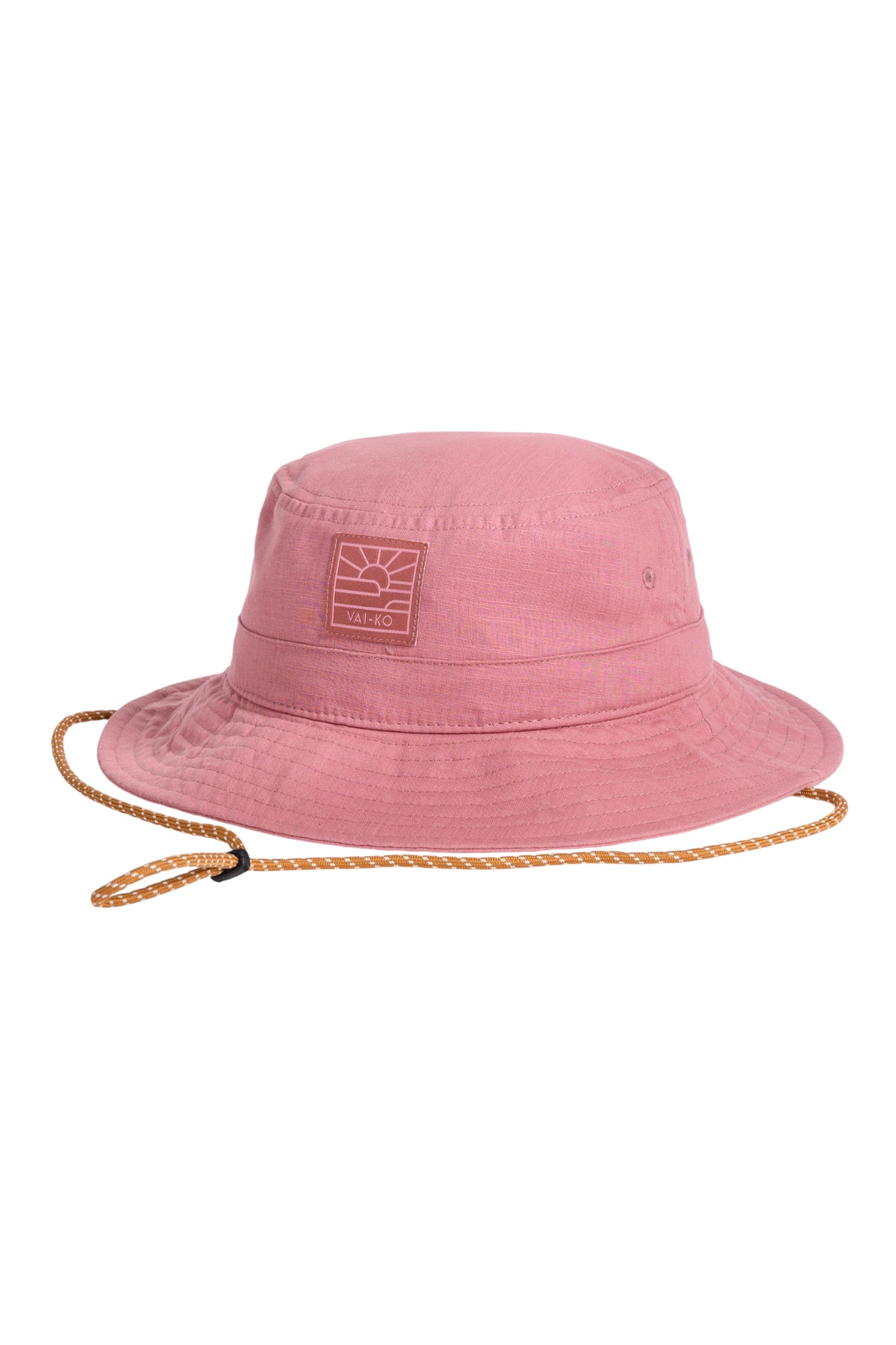 Pink bucket hat with a chin strap and a rectangular logo patch on the front.