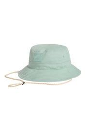 Light green bucket hat with chin strap and a small square logo on the front.