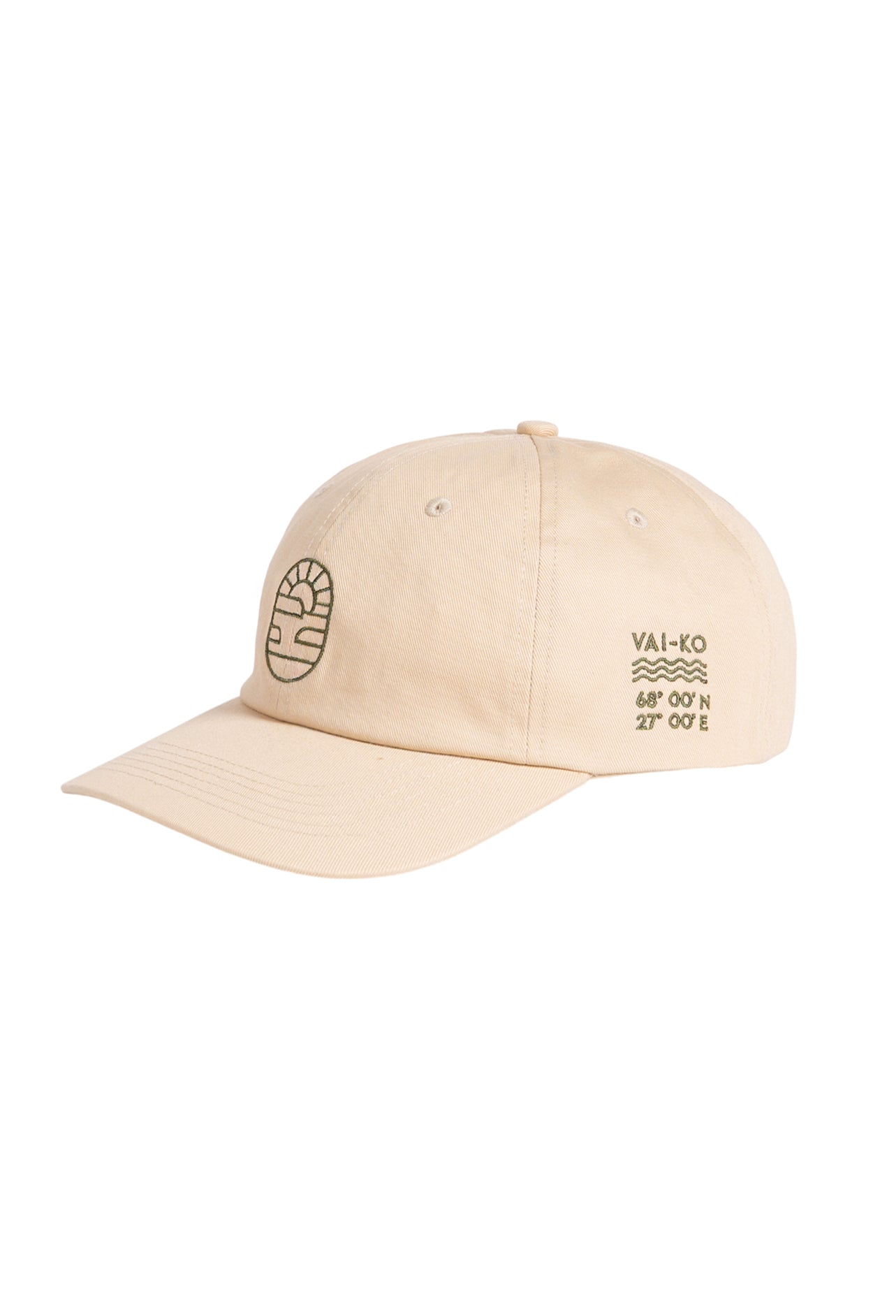 Beige baseball cap with a simple black embroidered logo and coordinates on the front and side.