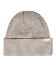 Light gray knit beanie with a folded brim and a small rectangular fabric label on the front.