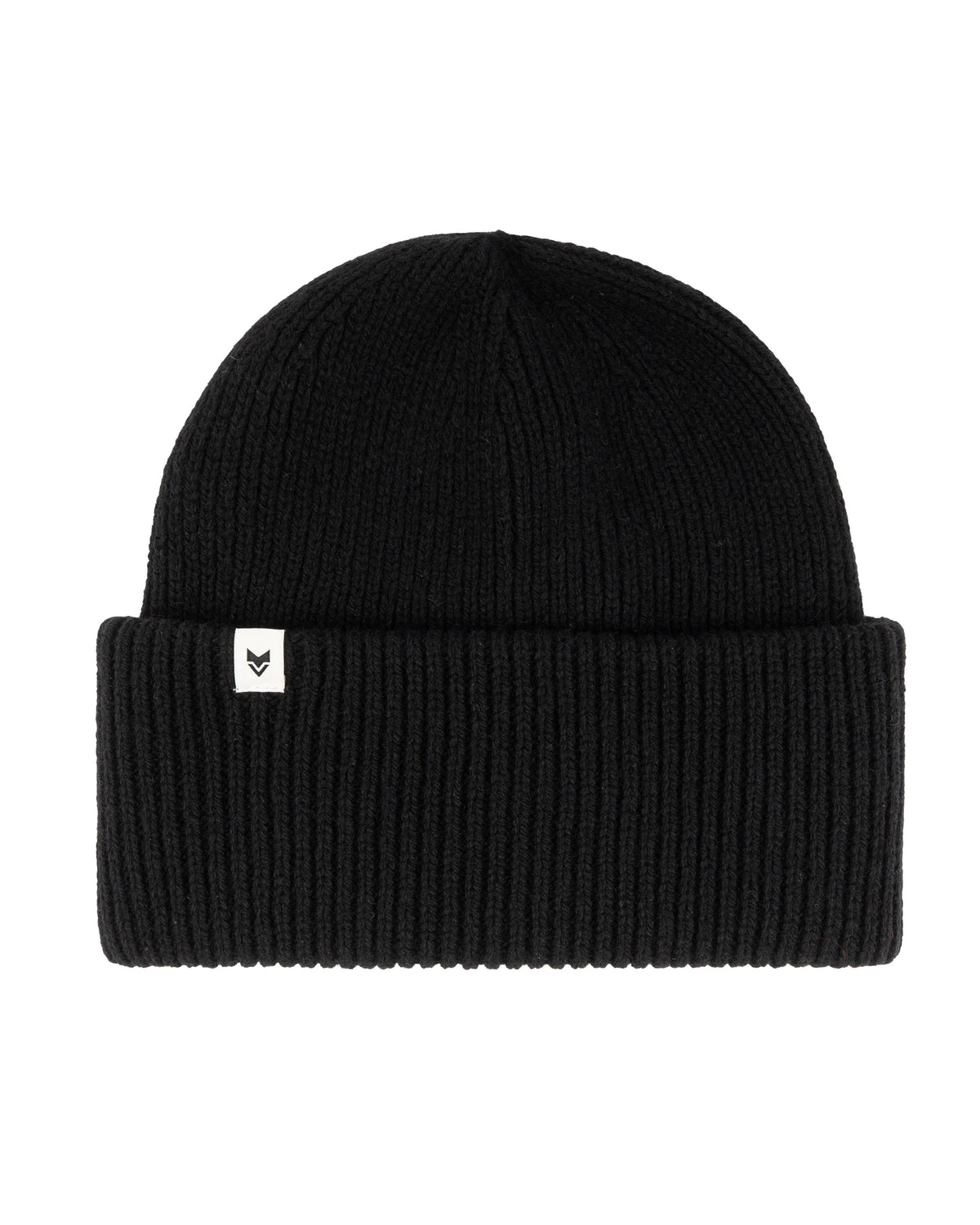 Black ribbed knit beanie with a folded brim and a small white tag featuring a simple black logo.