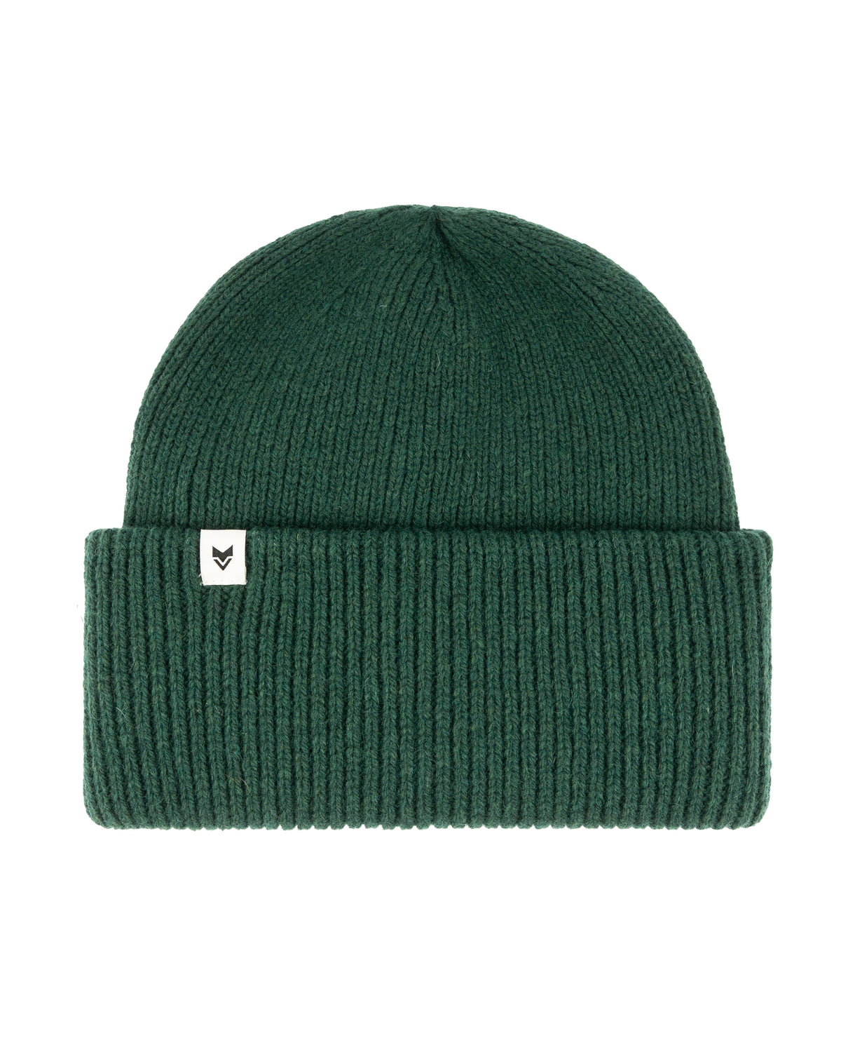 Dark green ribbed knit beanie with a folded brim and a small white tag featuring a black logo.