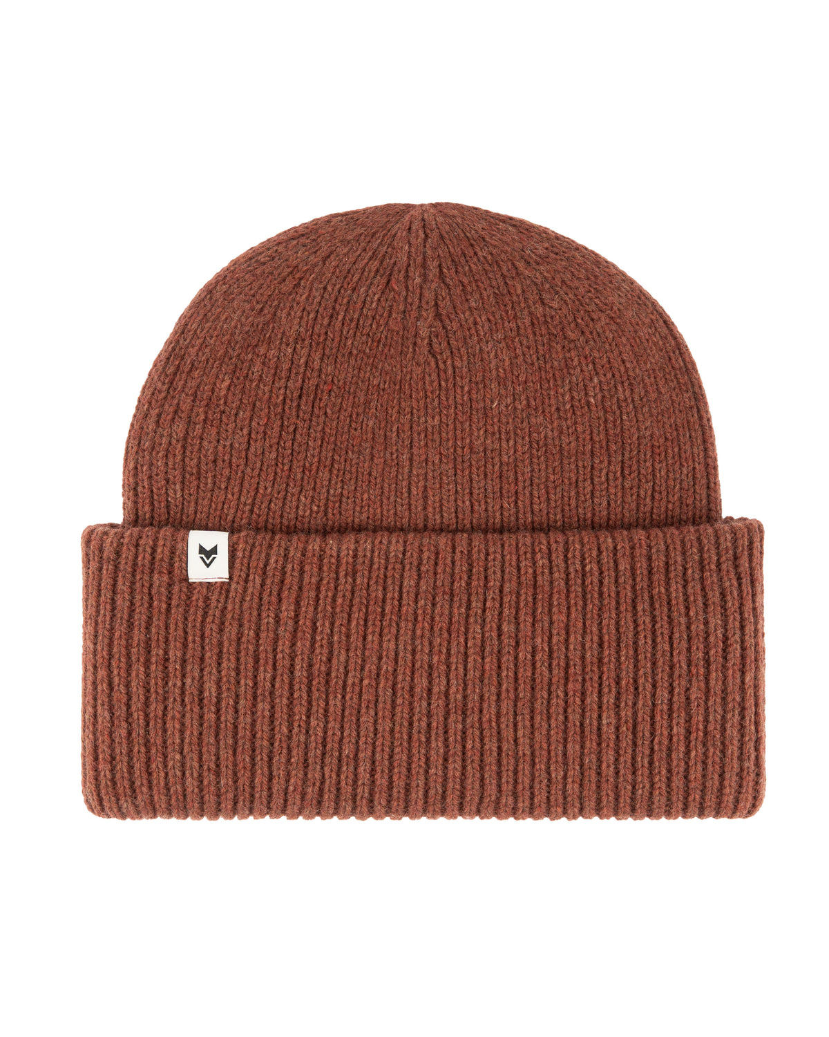 Brown ribbed knit beanie with a folded brim and a small white tag featuring a black logo.
