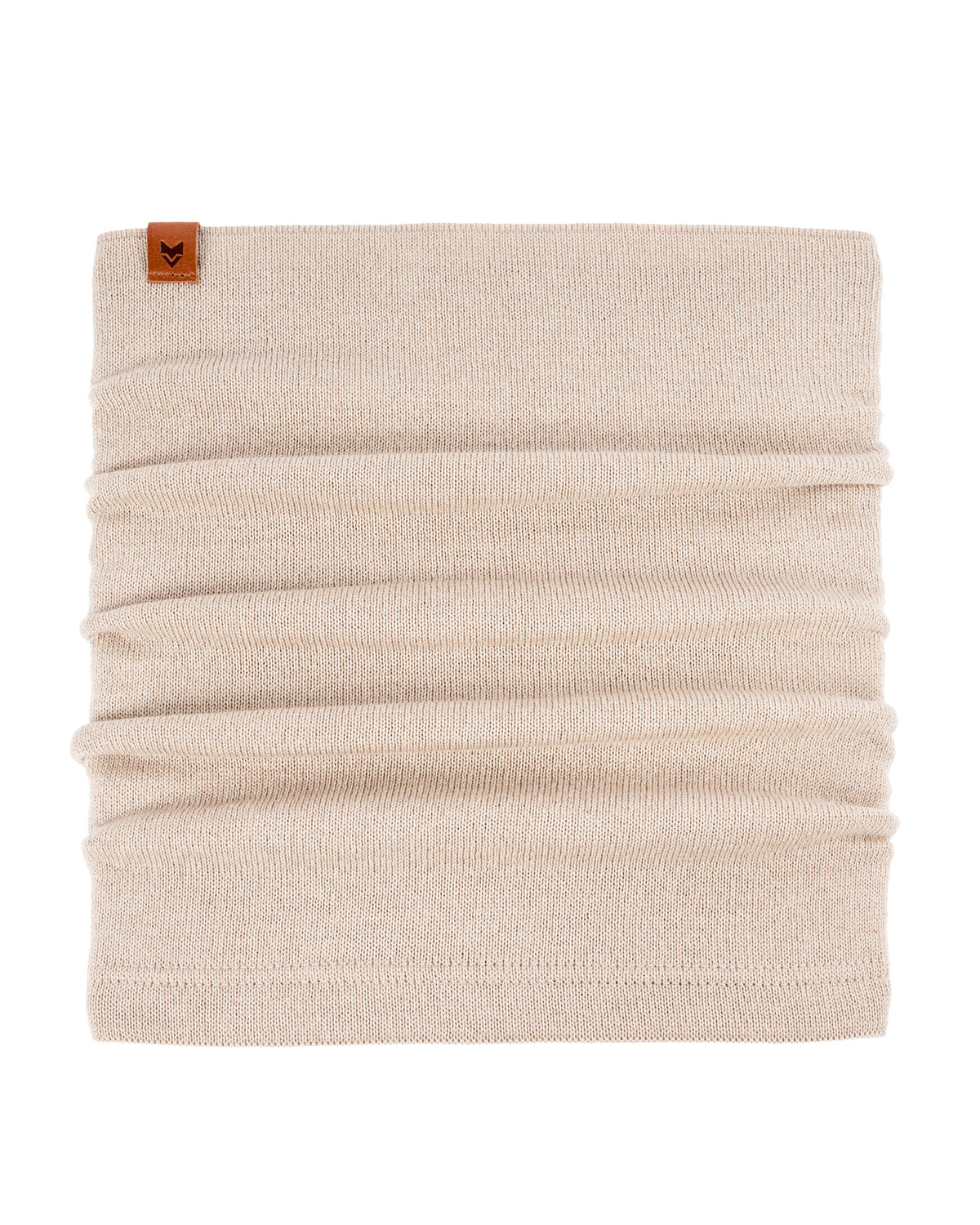 Beige fabric neck warmer with a small brown tag at the top left corner, displayed against a white background.