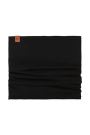 A black tube scarf with a small brown logo tag on the top left corner, laid flat.