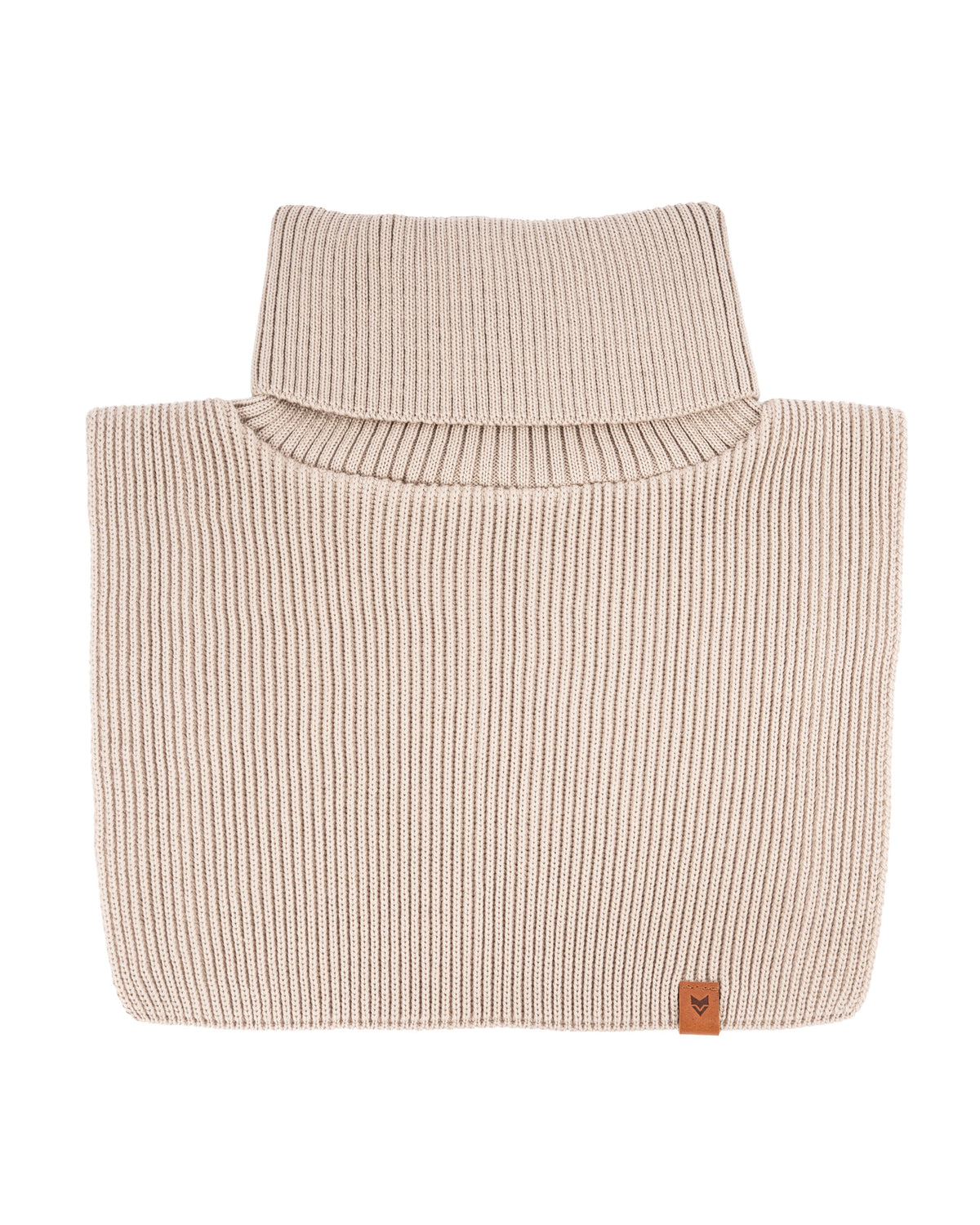 Beige ribbed knit turtleneck sweater neatly folded with a small brown tag in the corner.